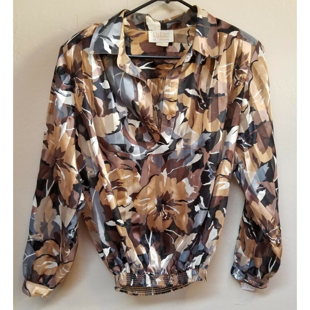 Da-Rue of California Women's Floral Long Sleeve Top Size 16 Brown Elastic Hem